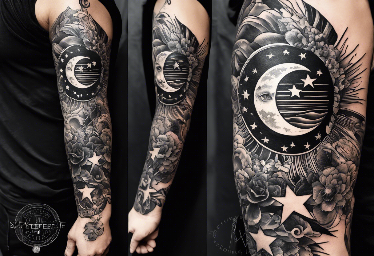 Collage for full left arm sleeve with:
a sun with a quarter moon, 
2 stars,
bass guitar, 
caduceus symbol tattoo idea