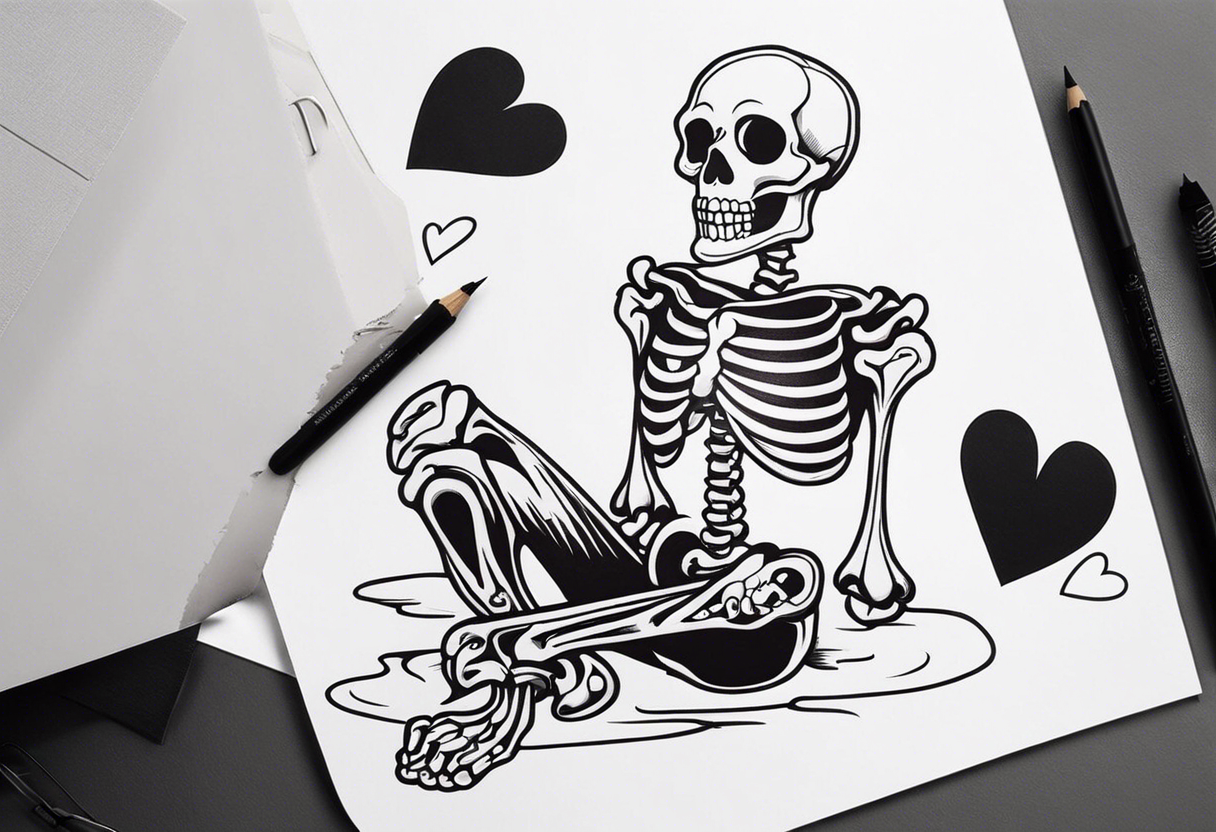 One skeleton with eyes in the shape of hearts, one skeleton sitting tattoo idea