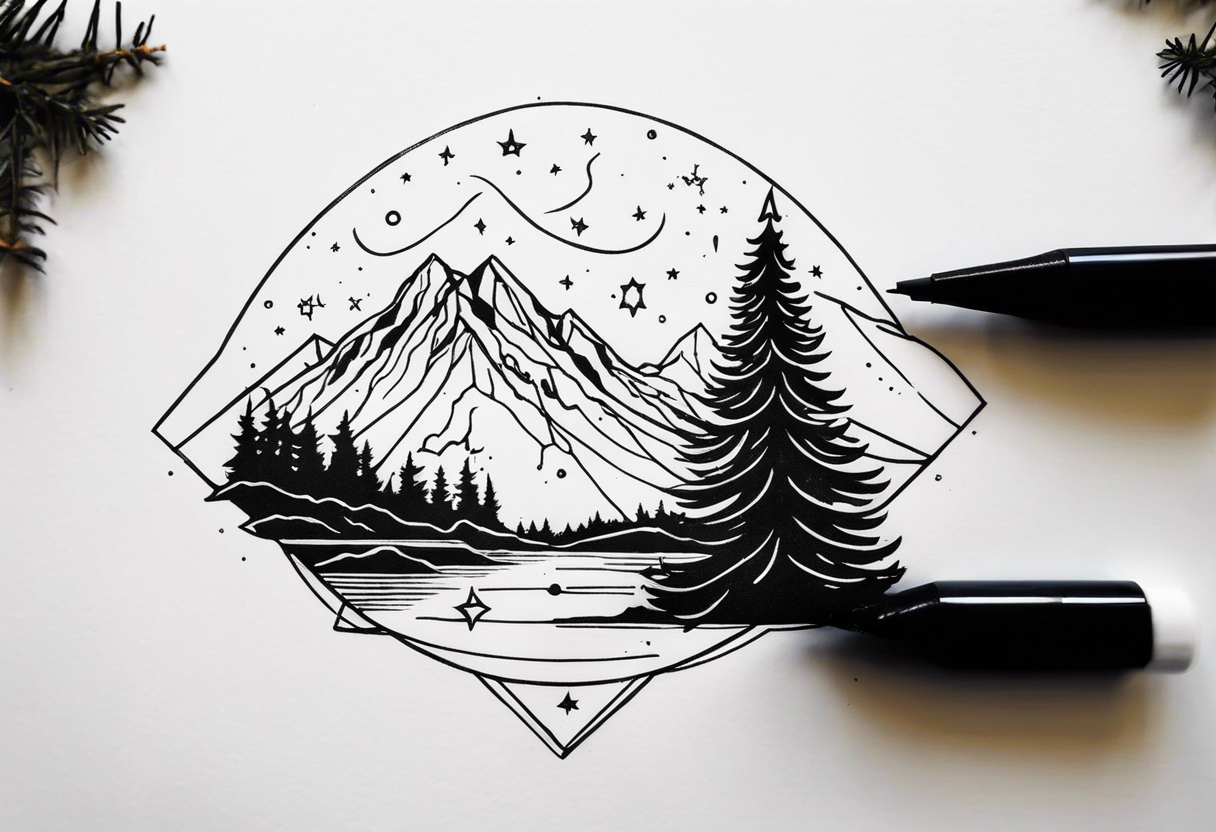 A mountain in the background, with a pine tree in front of the constellation of Aquarius tattoo idea