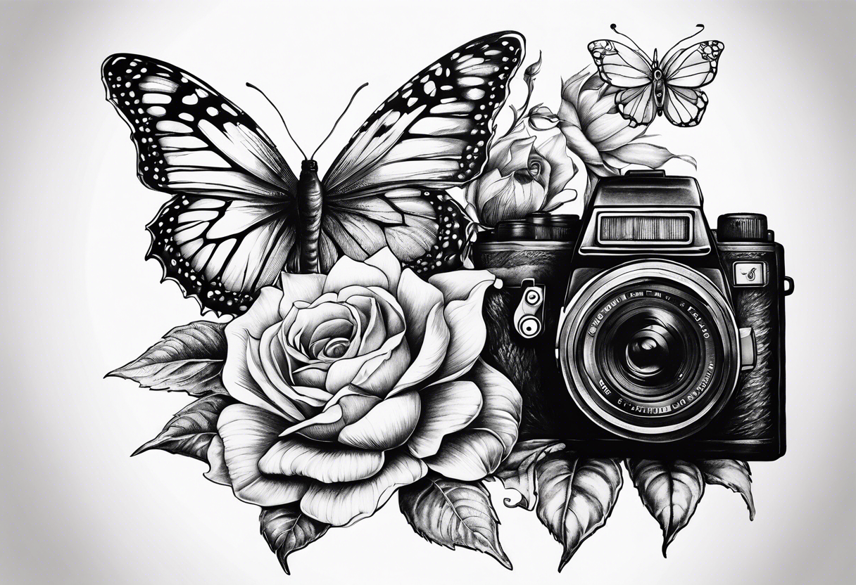 Book, sunflower, camera, butterfly, flower rose tattoo idea