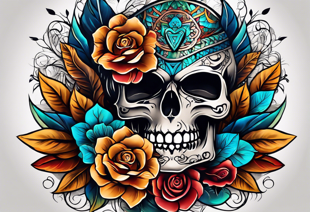 Front knee tattoo with fall colors, small flowers, rose, mayan style skull, leaves, blue water flows with washes and background tattoo idea