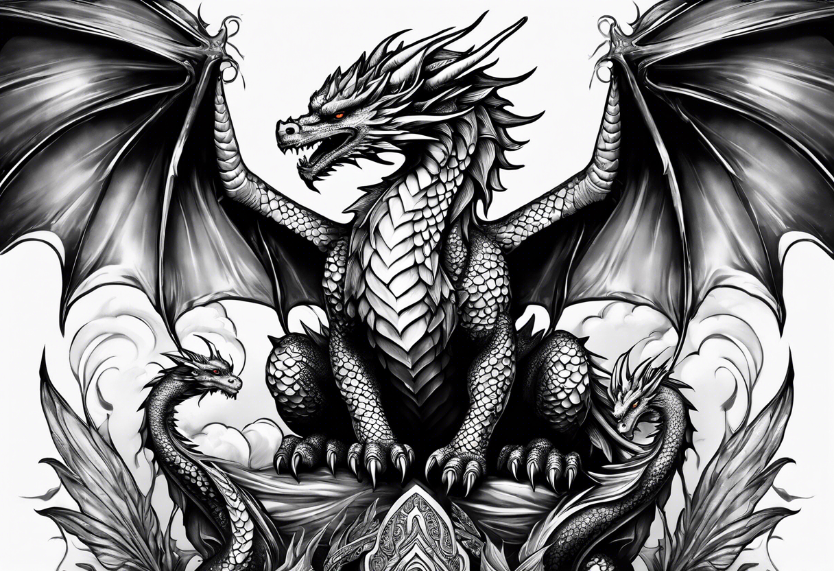 Mother dragon wings spread standing over three baby dragons tattoo idea