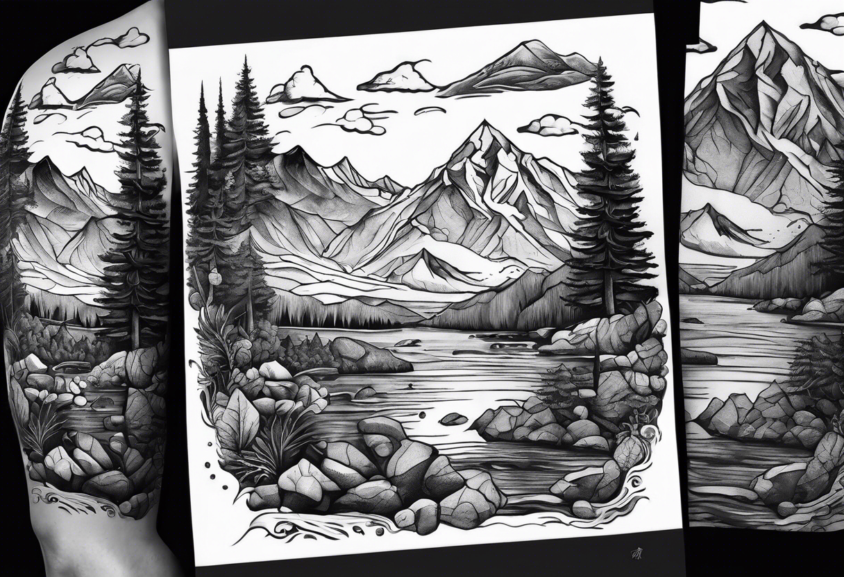 a half sleeve depicting a lifestyle of travel, family, hiking, mountains, and scuba diving tattoo idea