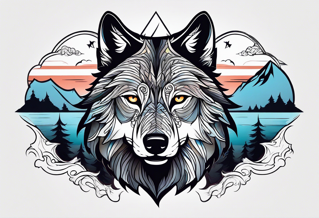 a minimalistic wolf in front of an incredible sky. tattoo idea