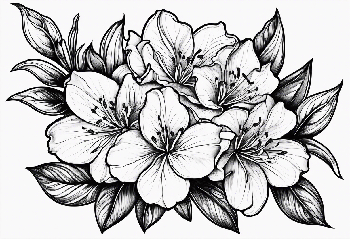 Azaleas with 5 petals, buds, leaves; curved design tattoo idea