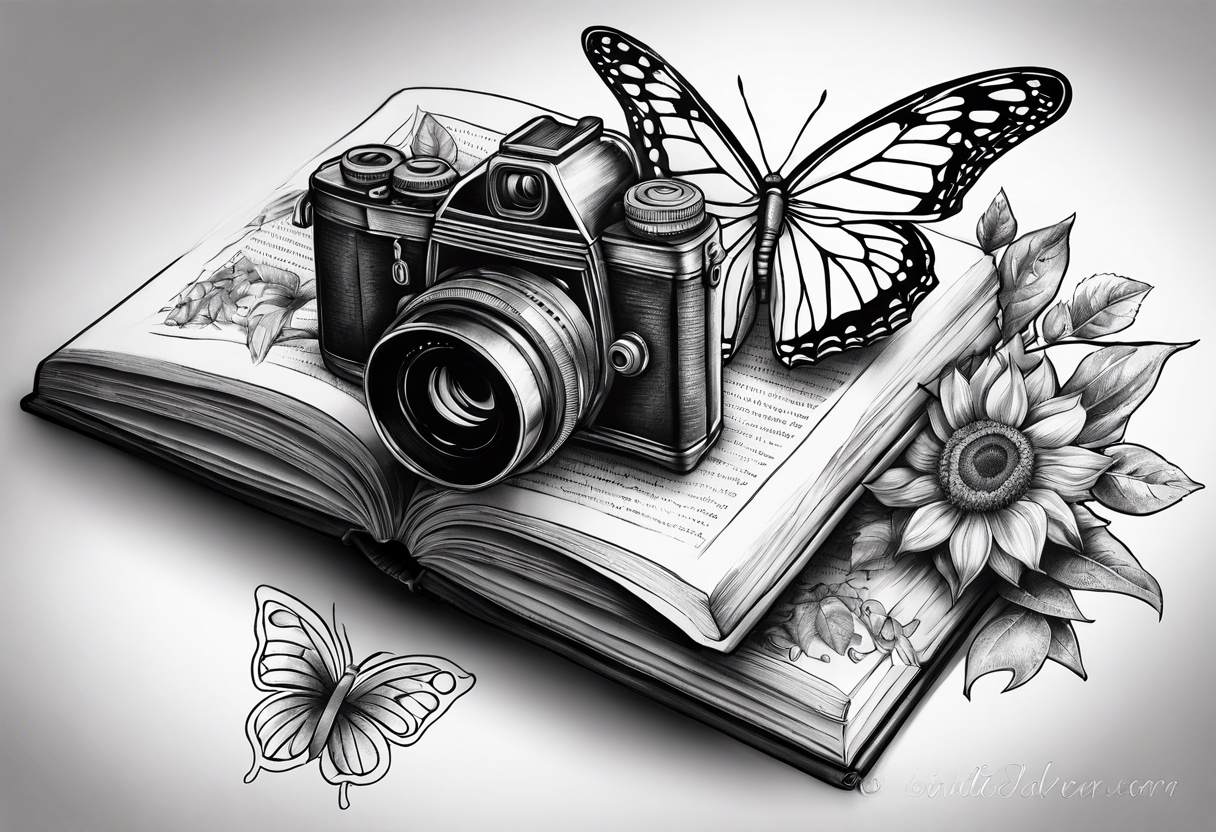 Book, sunflower, camera, butterfly, flower rose tattoo idea