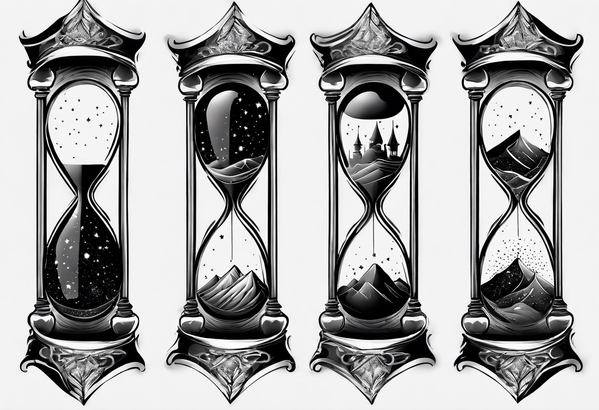 Hourglass with star stuff and cosmic dust exploding from the top and bottom of the hourglass. Long tattoo to fit on the forearm, mascuine tattoo idea