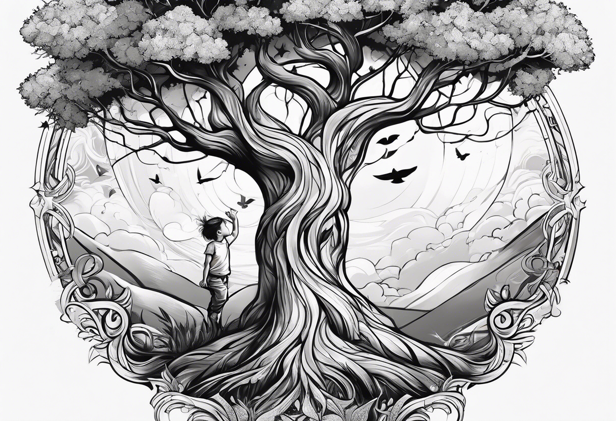 man who throws a little girl under a tree of life tattoo idea