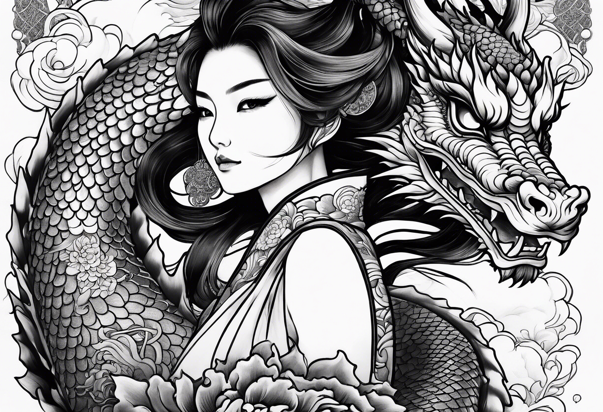 Woman riding a dragon, traditional japanese irezumi style tattoo idea