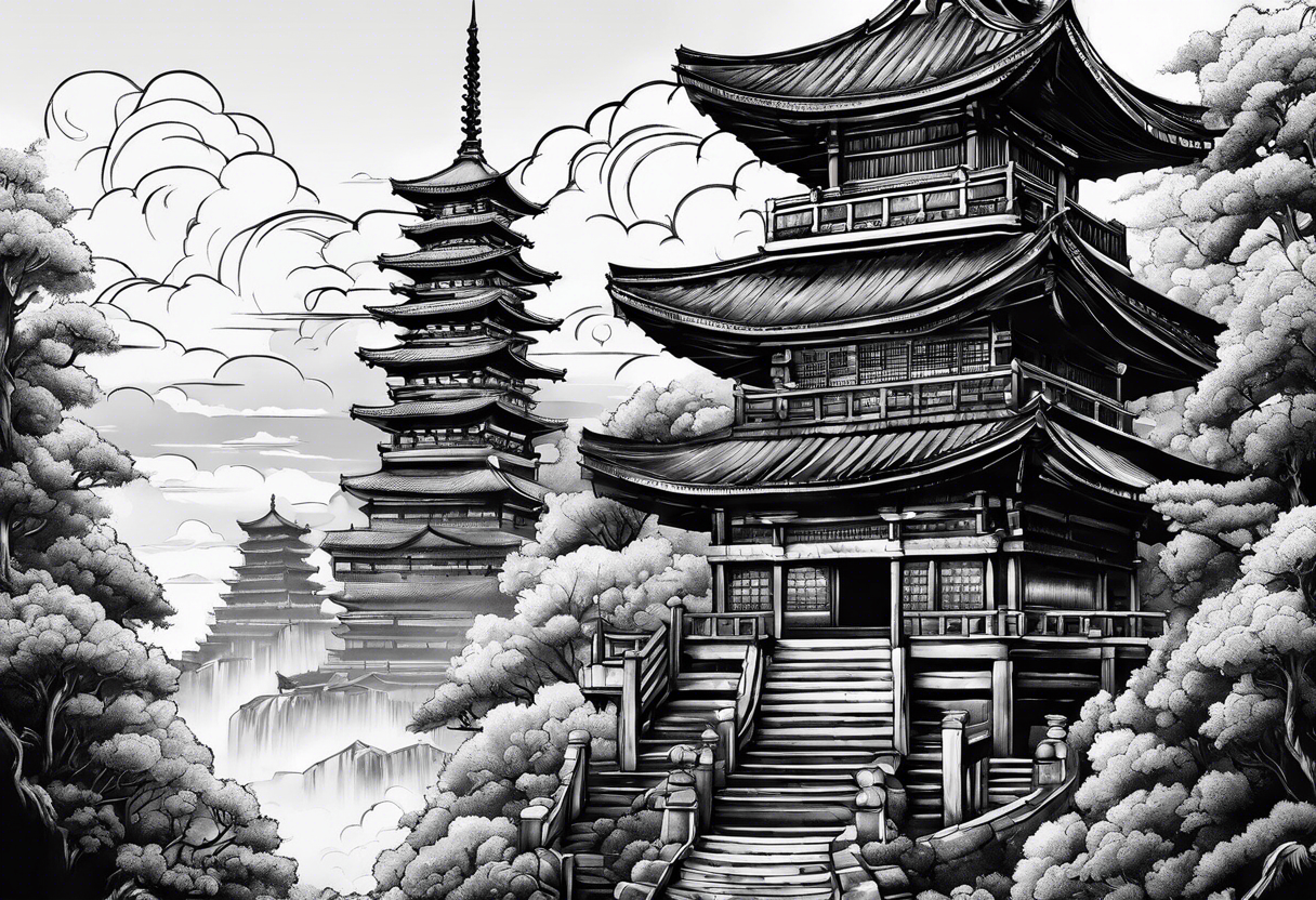 tower with ronin climbing the stairs tattoo idea