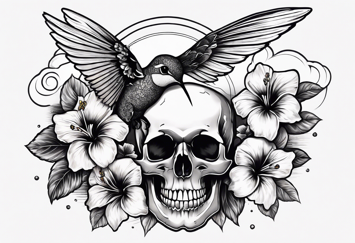 hummingbird, skull, hibiscus flower, storm clouds, lightning tattoo idea