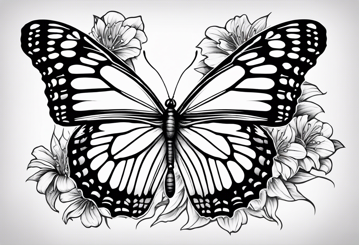 Butterfly with aster and morning glory flowers in place of 2 wings tattoo idea