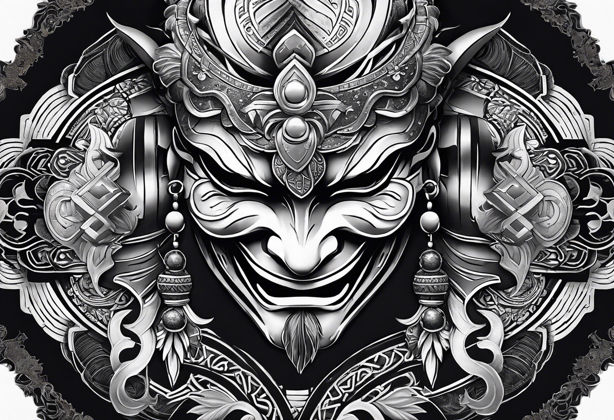 hanya mask on the shoulder, mask from ghost of Tsushima, hanya mask with three eyes, mask symbol of freedom and calmness tattoo idea