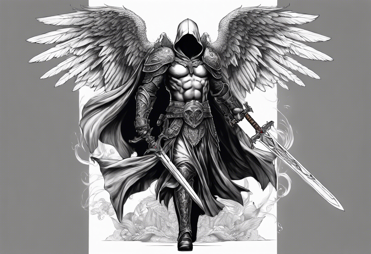 realistic full body of man angel of death, without face, with armour, holding sword in right hand tattoo idea