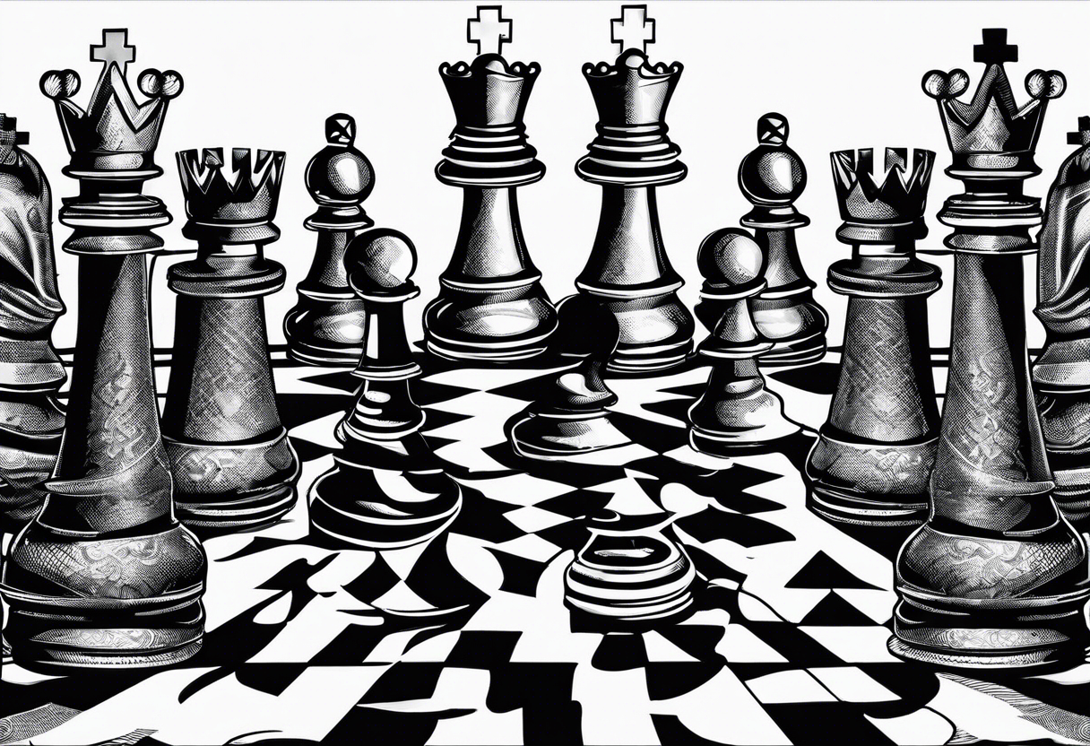 narrow rectangle strip made of chess queens and pawns holding hands tattoo idea