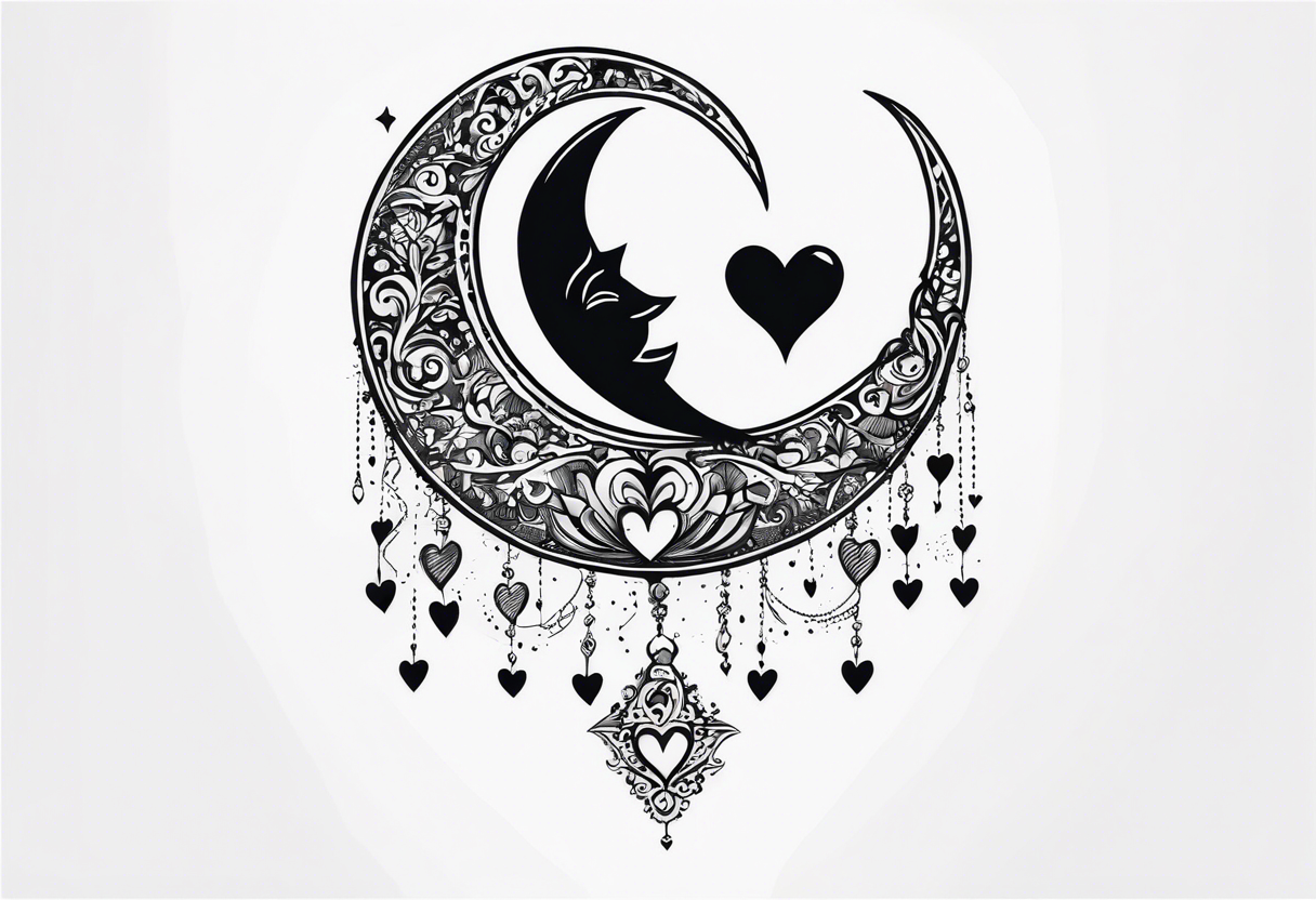 Crescent moon with hearts dangling from the bottom of it tattoo idea