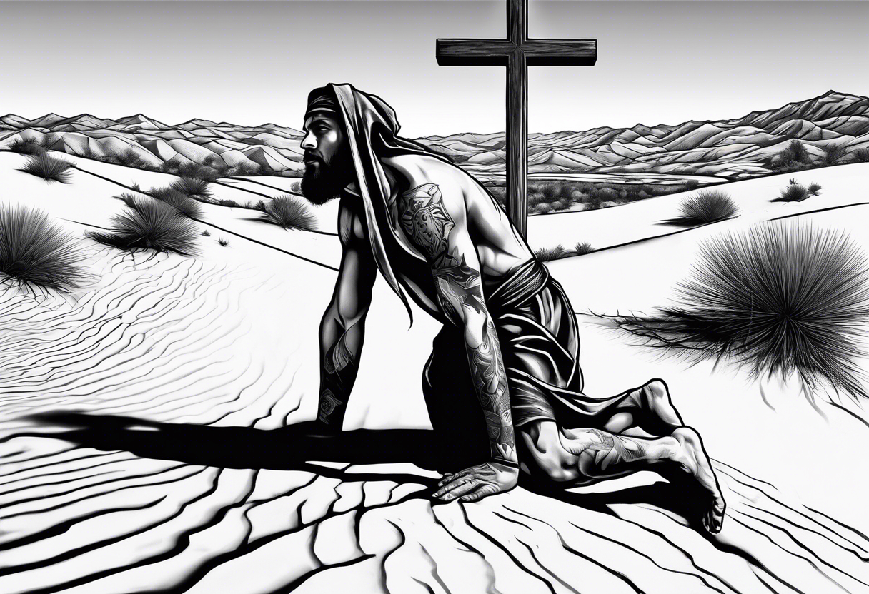 man crawling in a desert reaching to the cross of Christ tattoo idea