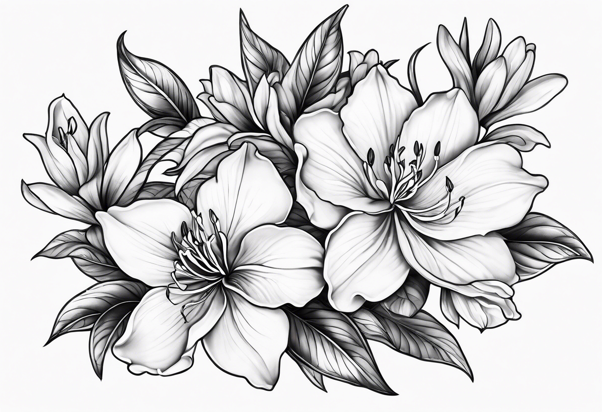 Azaleas with 5 petals, buds, leaves; curved design tattoo idea