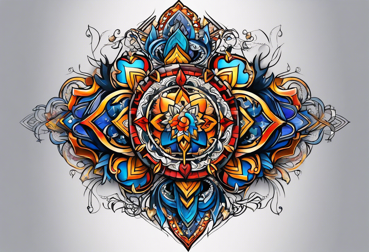 A tattoo design representing the interconnectedness of art, history, and cosmology, with elements of each intertwined in a visually striking way, tattoo idea