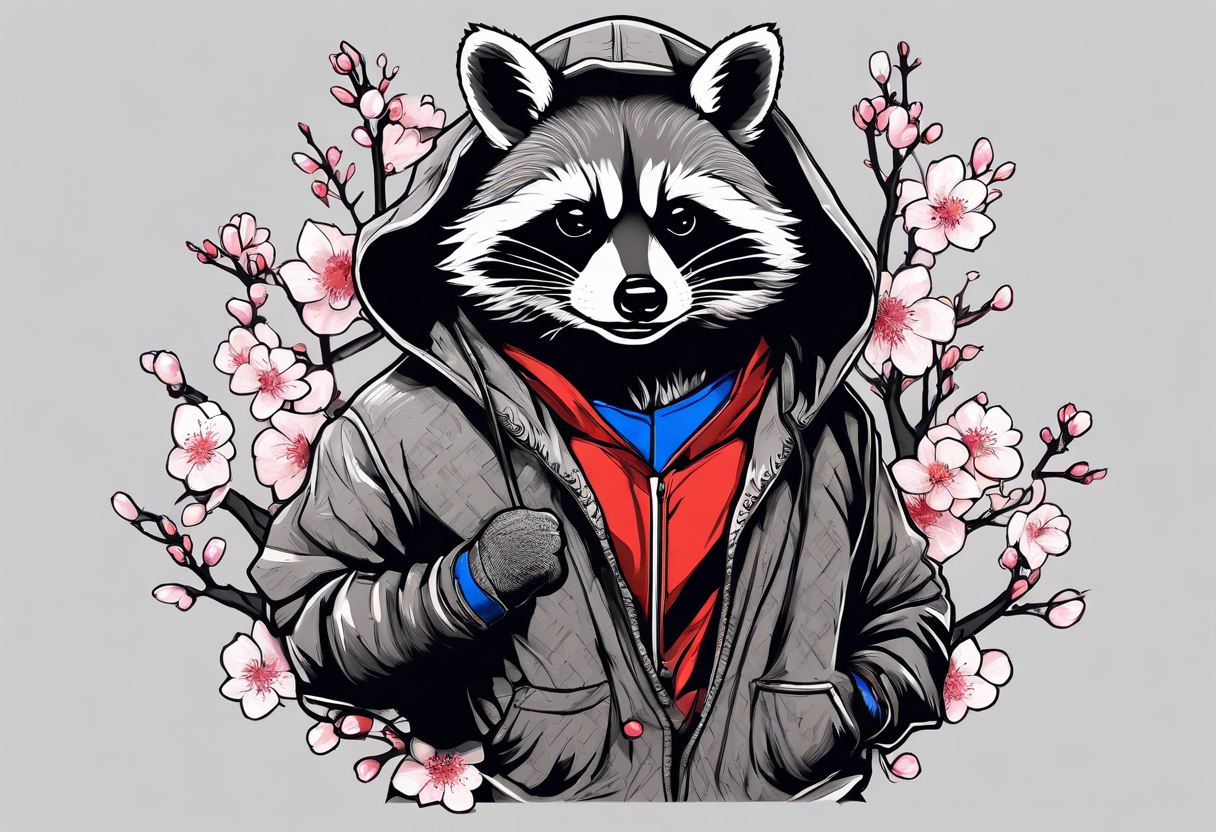 Raccoon wearing a Superman hoodie and Japanese cherry blossoms tattoo idea