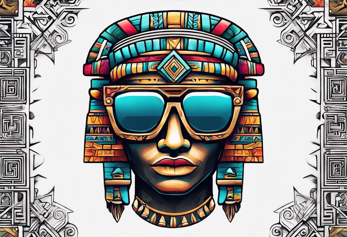 Colorful simple realistic Mayan hieroglyph wearing sunglasses tattoo idea