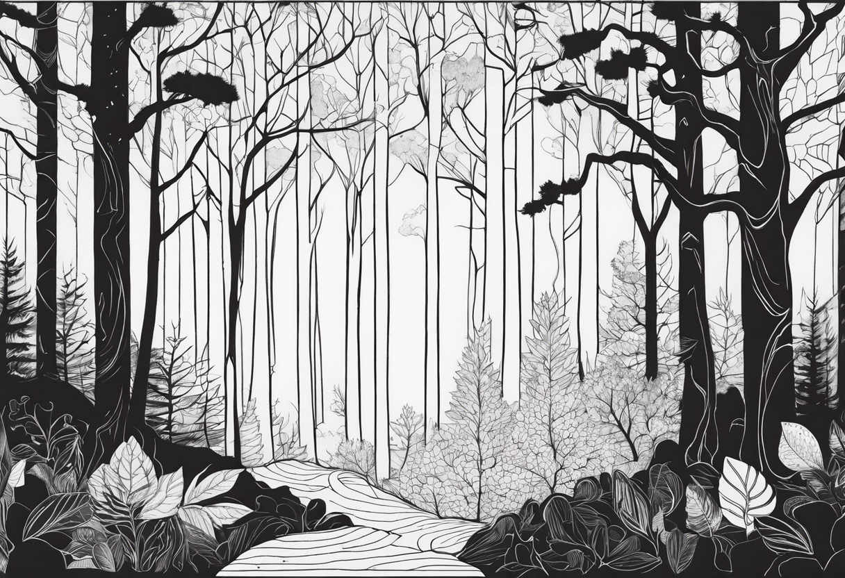 Draw me a Magical forest with s lot of trees in 2D and every tree is black and you see every trees leafs tattoo idea