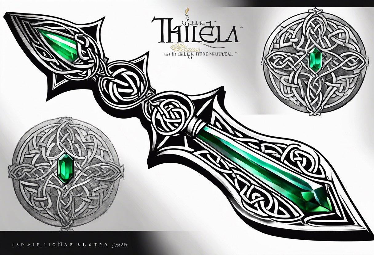 A Celtic athame dagger with the hilt turned upward and an emerald gemstone on the hilt not on the blade tattoo idea