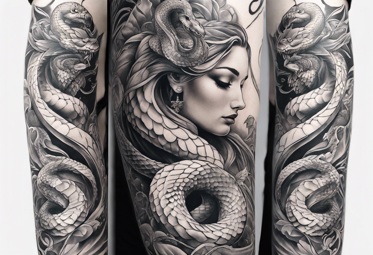 Arm sleeve with a snake winding around and down the arm, being killed by biblically accurate angels. tattoo idea