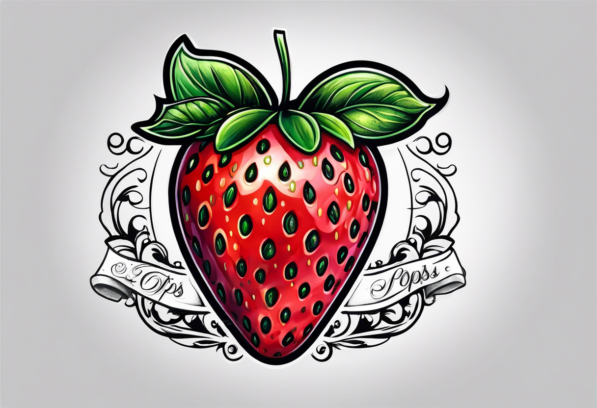 lonely strawberry wrapped in banner saying Pops tattoo idea