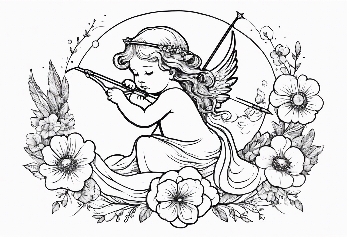 baby renaissance angel on cloud, long hair with flowers, holding bow and arrow, celestial, ethereal tattoo idea