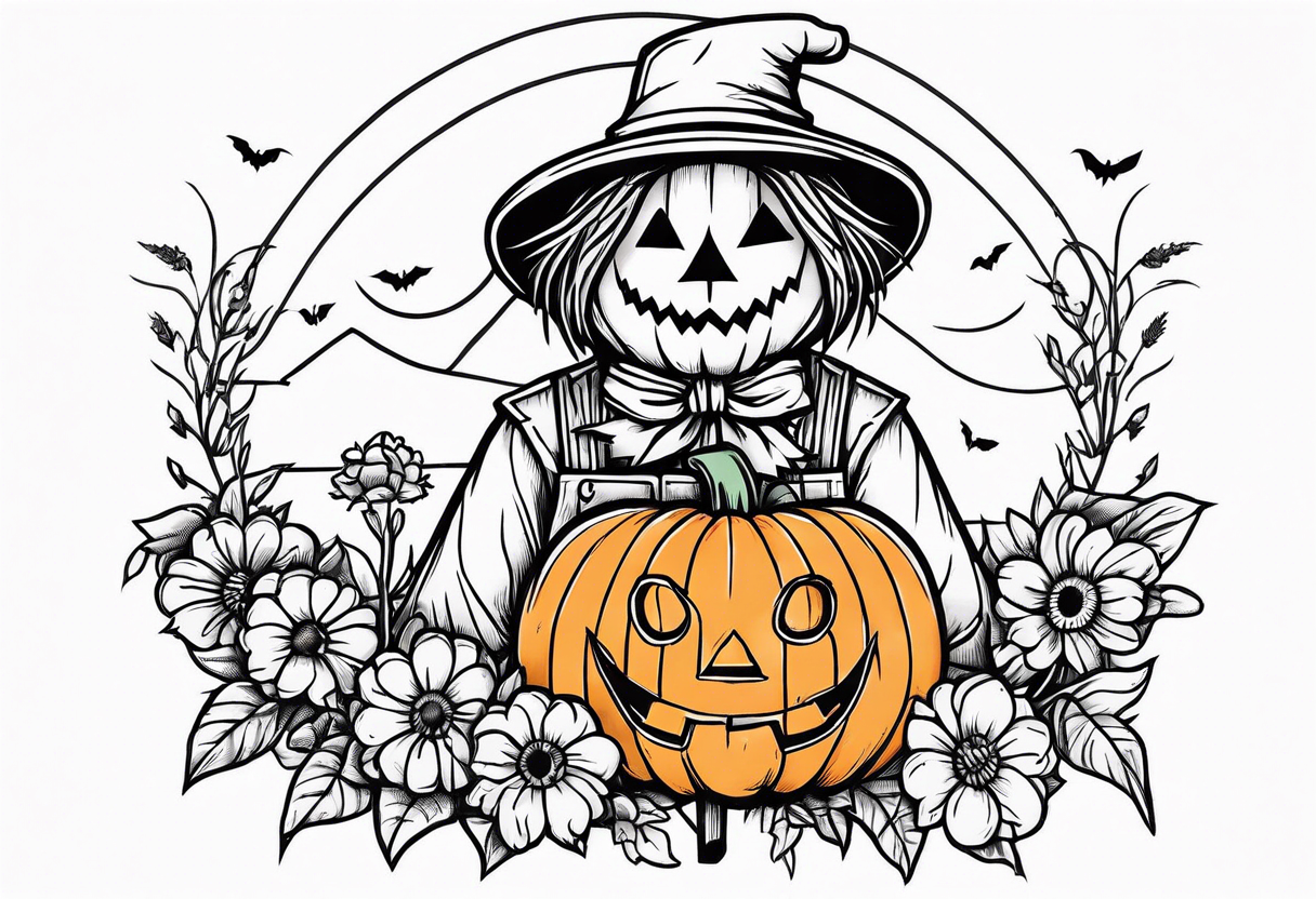 friendly scarecrow with pumpkins and flowers tattoo idea