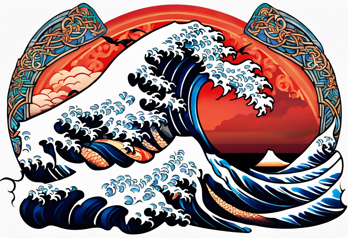 full sleeve. japanese wave mixed in celtic tribal patterns equally. tattoo idea