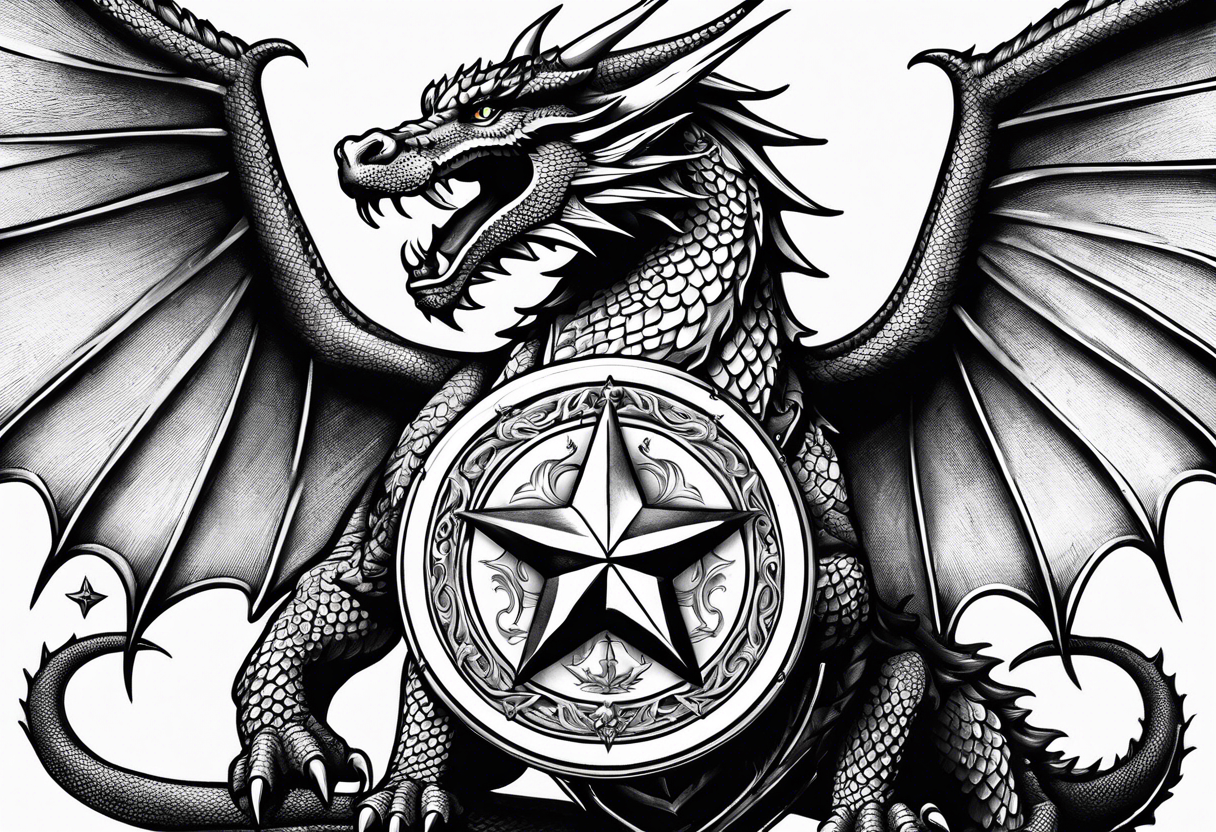 Welsh dragon holding a shield of a TEXAS star tattoo idea