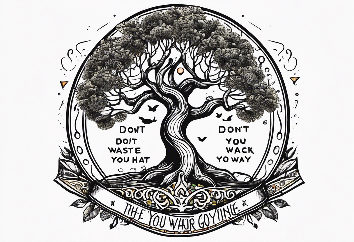 Tree of life sourounded with the text of "dont waste your time back you're not going that way" tattoo idea