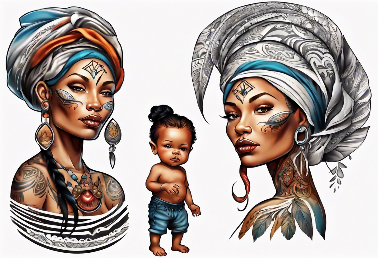 ethnic 
water-bearing woman and two little boys, tattoo idea