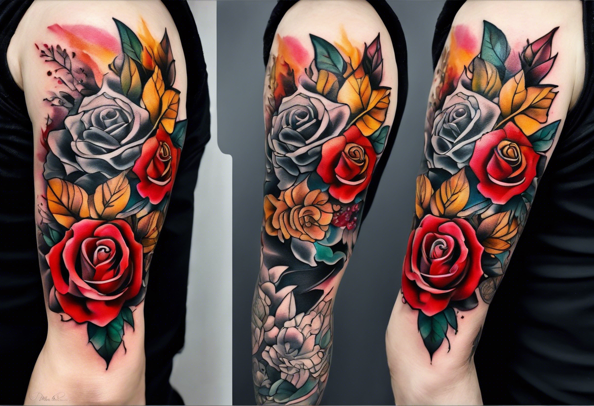 Front knee tattoo with fall colors, small flowers, rose, leaves, water flow and background using Trash Polka tattoo idea