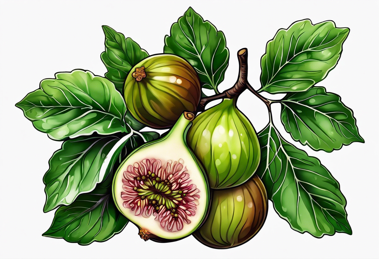 A fig branch with 3 greenish-brown fruits and multiple leaves tattoo idea