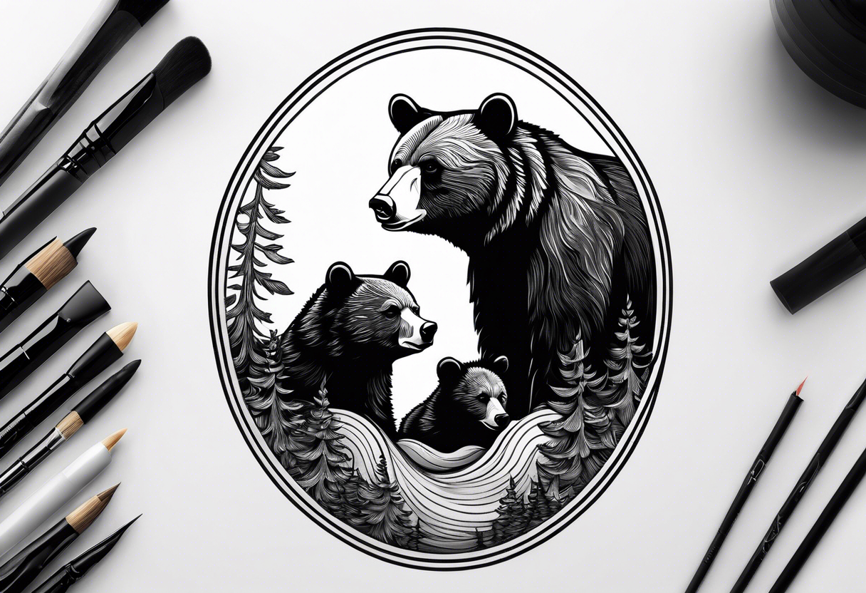 mother bear and cub enclosed in oval tattoo idea