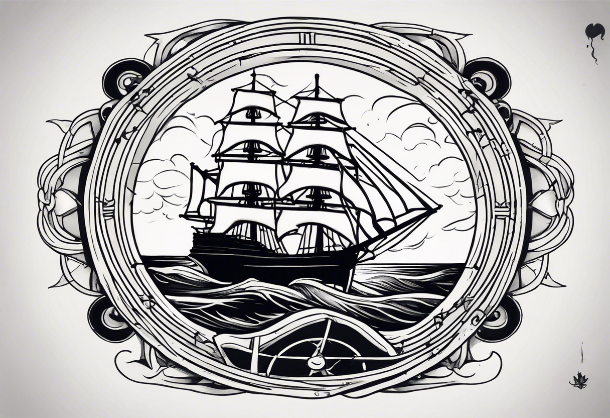 Man trunkg ships wheel in a storm. Full calf tattoo tattoo idea