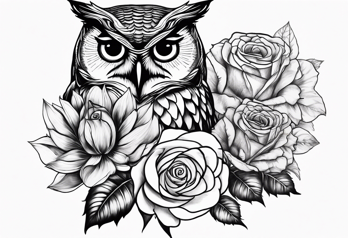 Sunflower and rose flower, owl tattoo idea