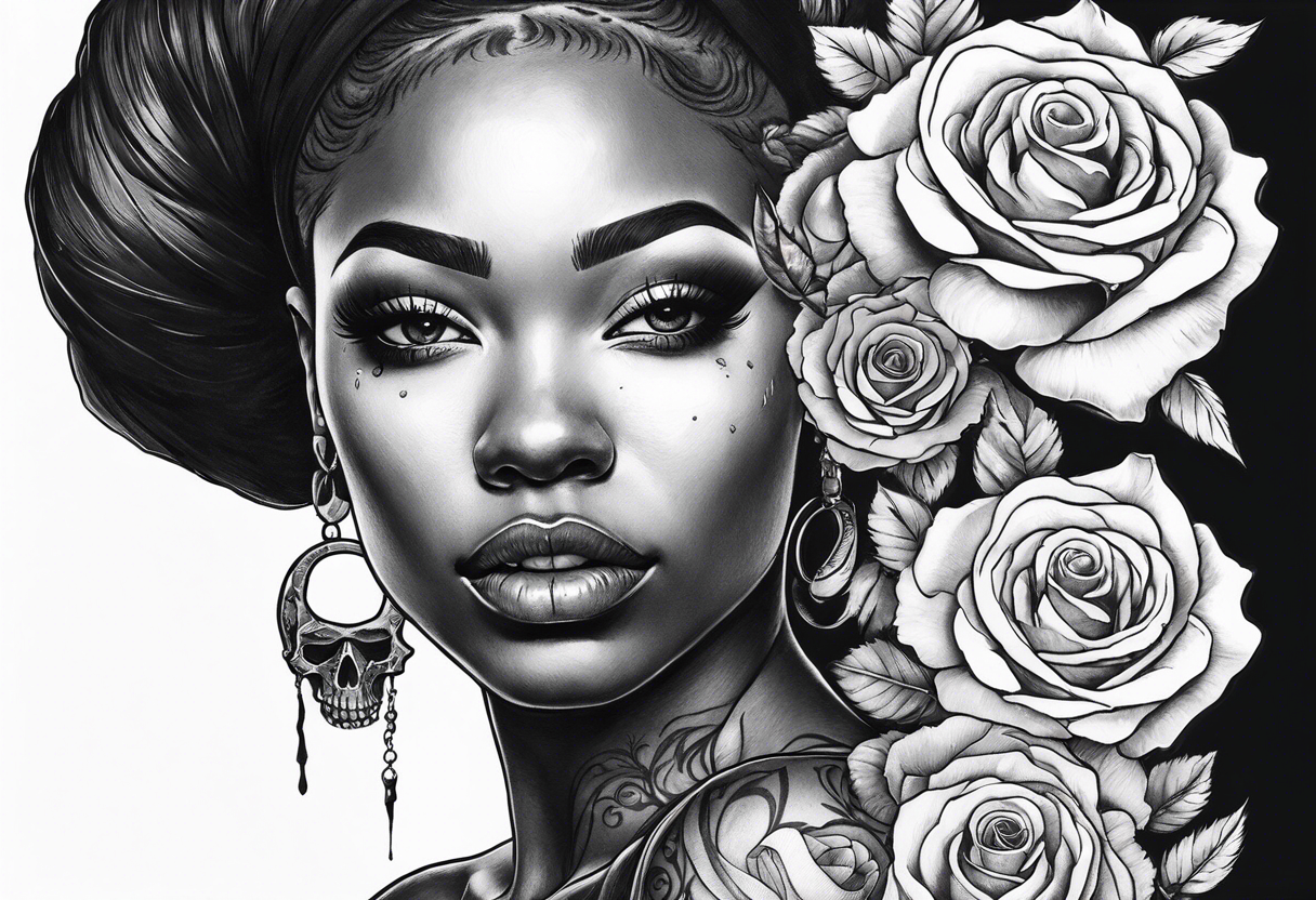 black women with no eyes facing side ways with a  skull, roses and burning candle in her hand tattoo tattoo idea