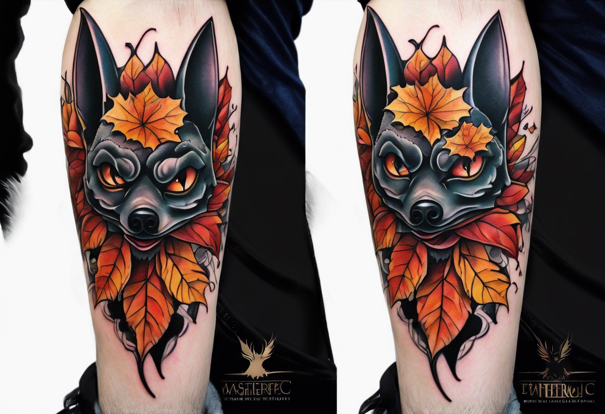 Bat face Knee tattoo in fall colors tattoo idea