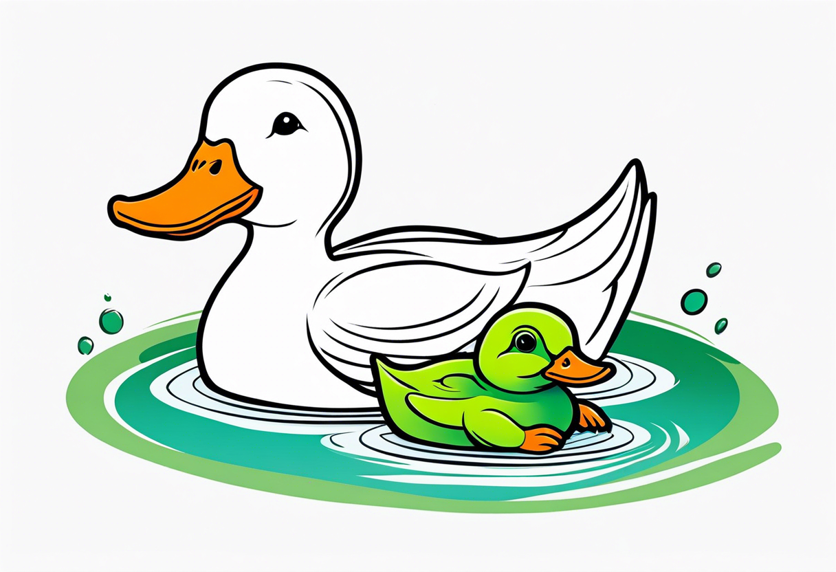 A white Duck with orange feet and a green toad playing together in a pond tattoo idea