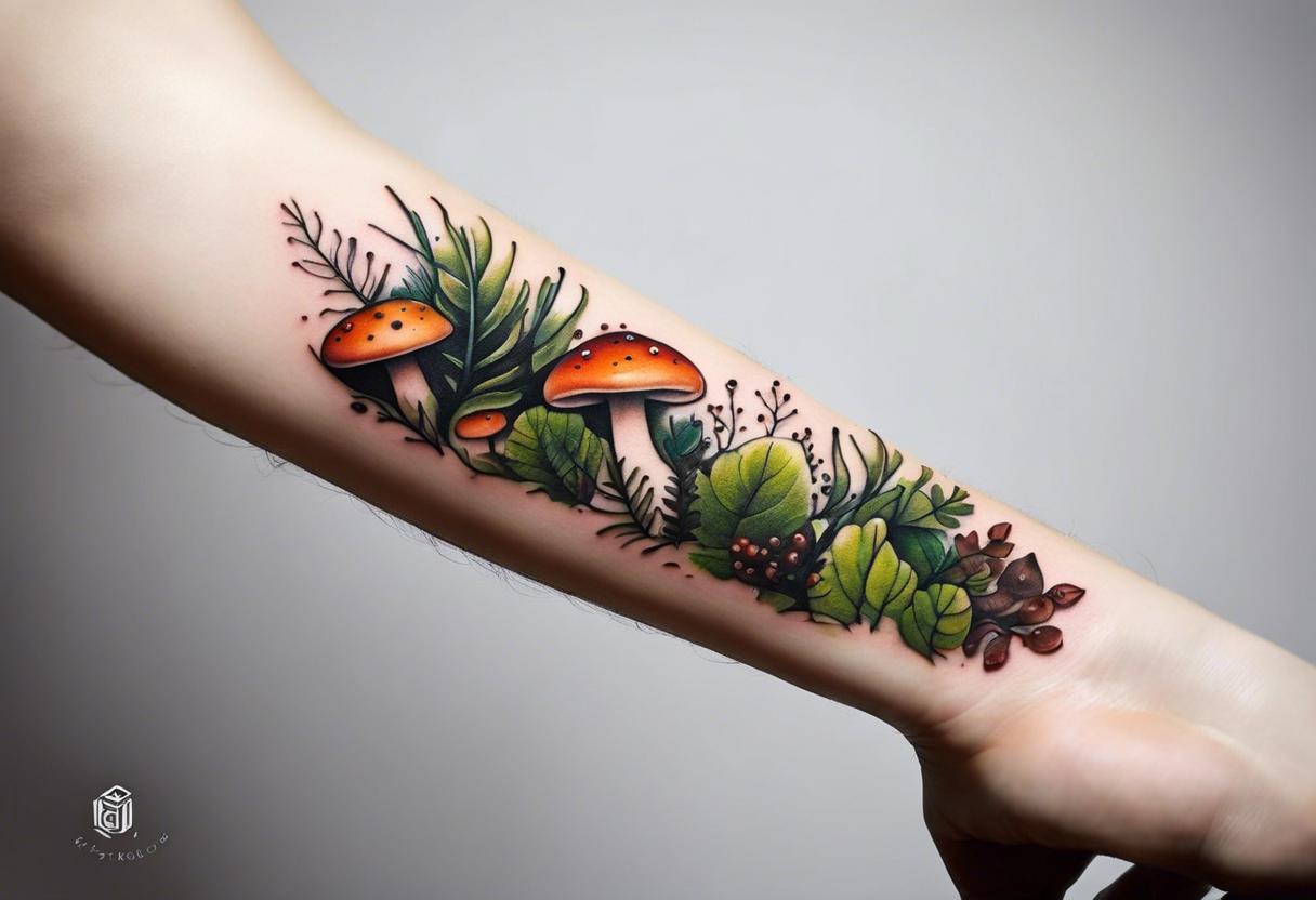 Minimalistic forest floor inspired tattoo, which includes grass, moss,  curly ferns and dead leaves as the