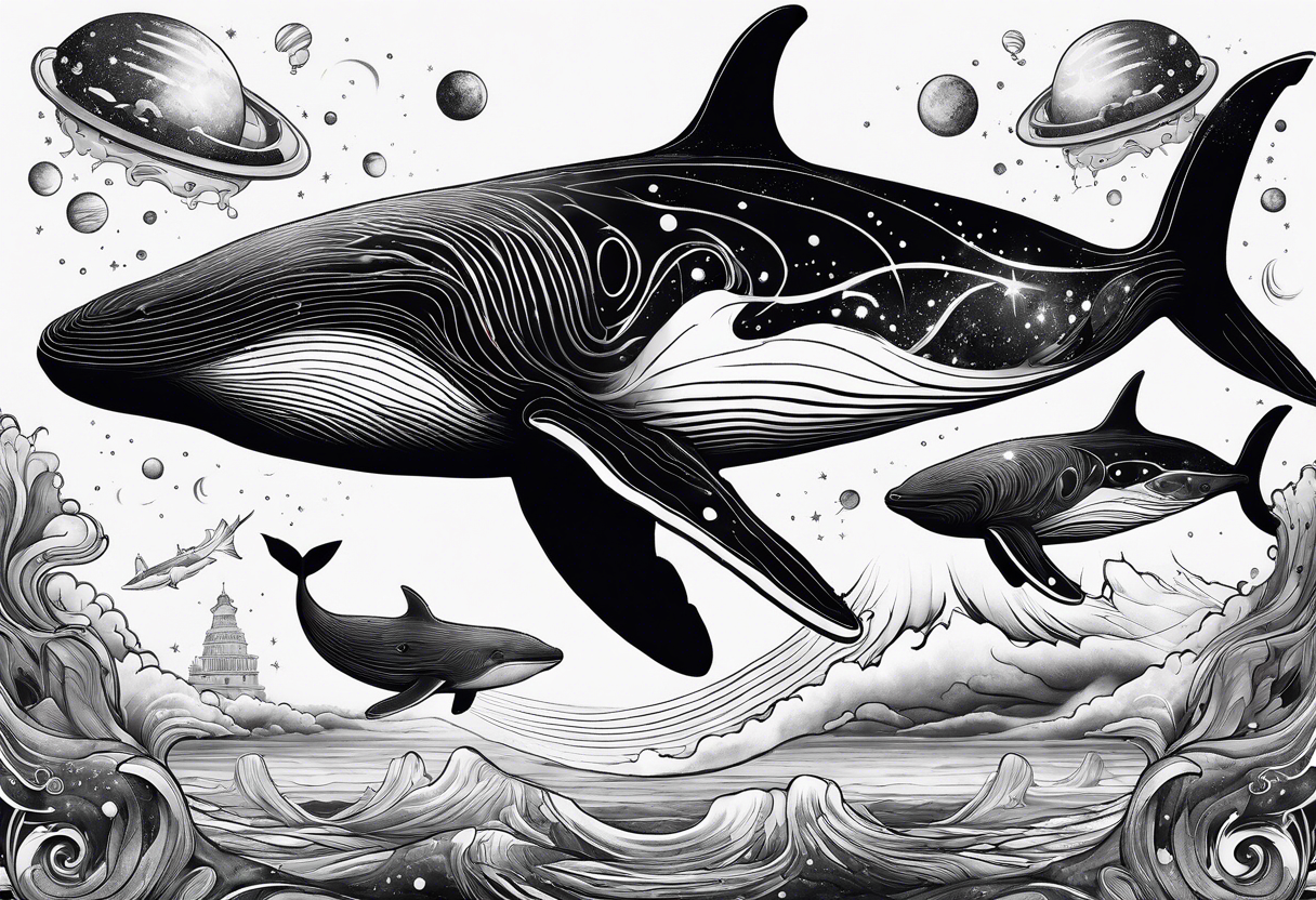 whales in outer space tattoo idea