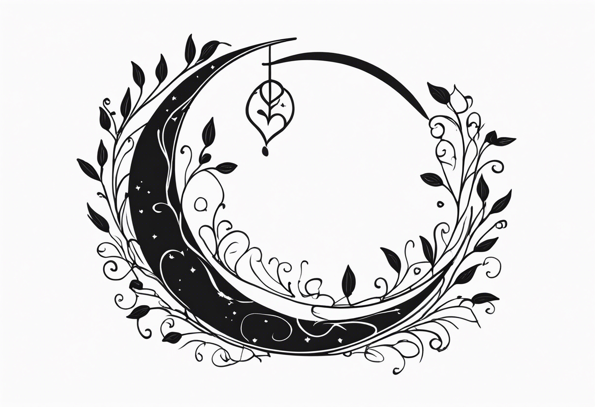 Crescent moon with a love heart inside with vines creeping down it tattoo idea