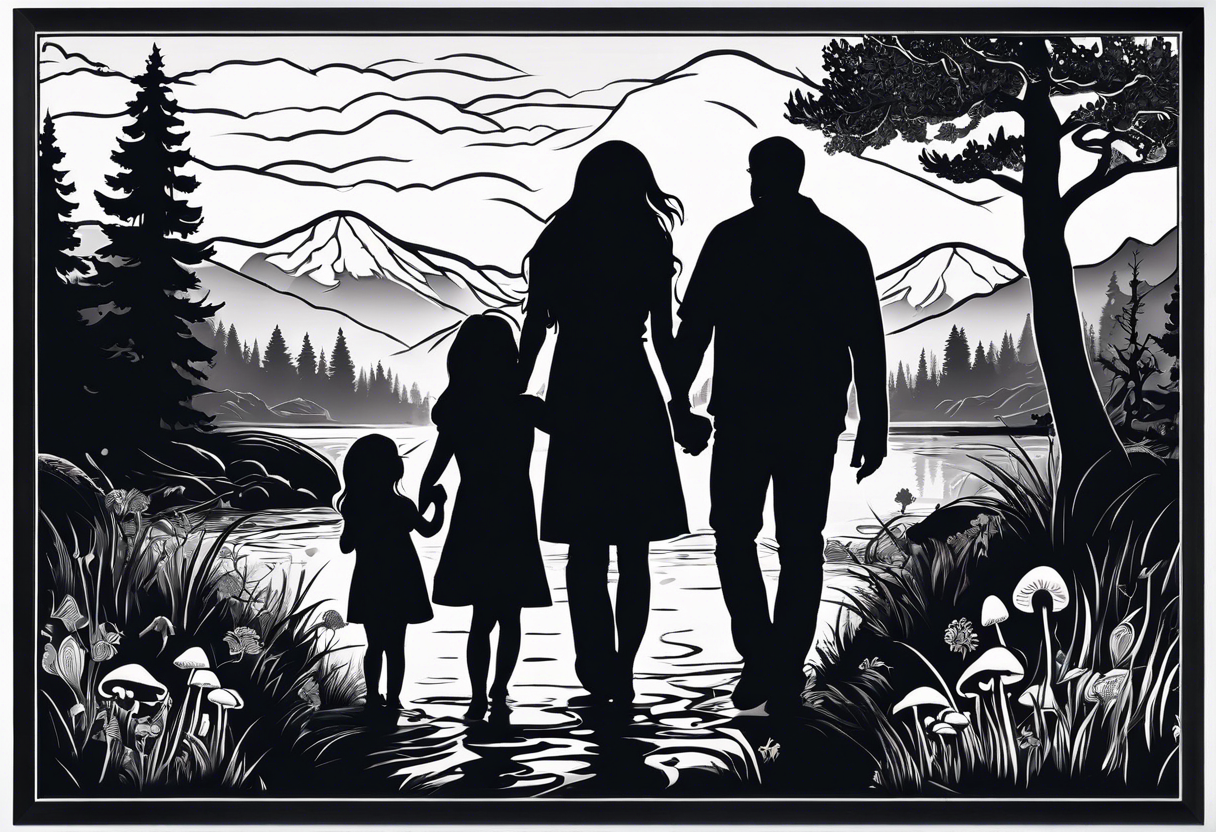 Family silhouette of a father, a mother with long straight blonde hair, oldest son, middle daughter, and small daughter foraging mushrooms with mountains and creek in background tattoo idea