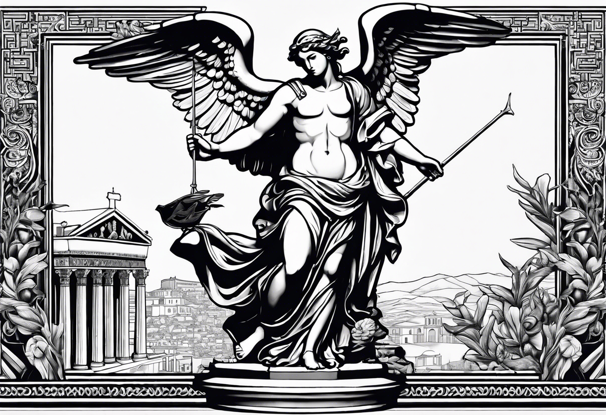 Greek statue with architectural buildings include an angel and swallows. You can use red ink as an accent. tattoo idea