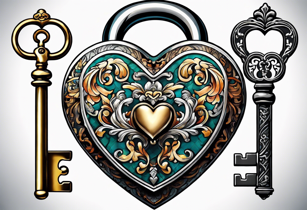 antique heart shaped lock and a key to match it tattoo idea