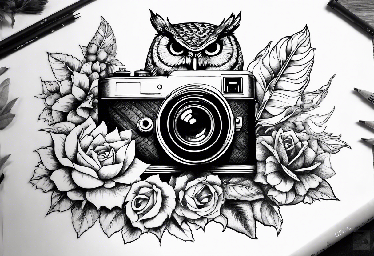 Sunflower, camera, book, owl, flower rose tattoo idea